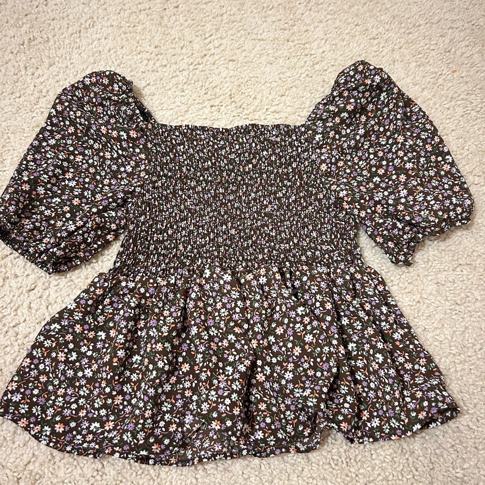 Free People Black Floral Puff Sleeve Blouse